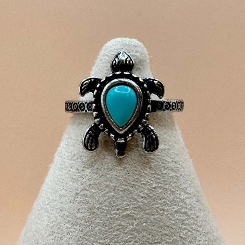 Boho Turquoise Sea Turtle Ring Size 8 Silver Tone